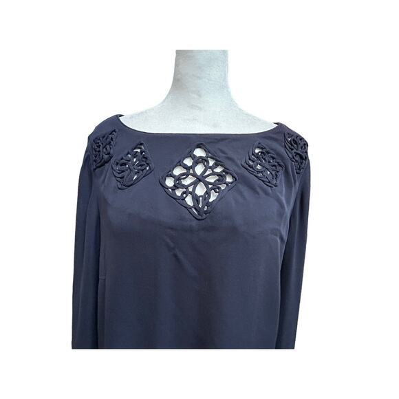 Tory Burch 100% Silk Size 12 Cut Out Blouse Navy Long Sleeve Embellished Classic - Picture 2 of 9